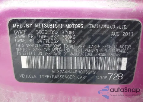 2014 Mitsubishi Mirage Es z USA, uszkodzony, nr VIN ML32A4HJ4EH005949